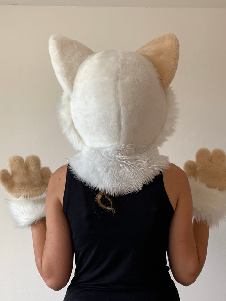 White beige cat fursuit head and hand paws for kids