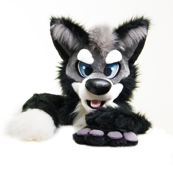 Gray husky wolf fursuit head, hand paws and tail for sale Oneandonlycostumes