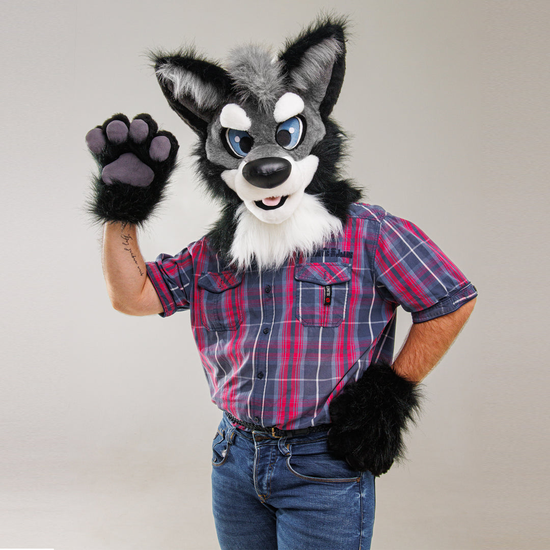Gray husky wolf fursuit head, hand paws and tail for sale Oneandonlycostumes
