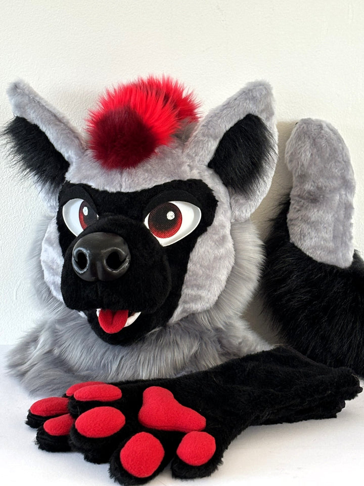 Striped hyena fursuit head, hand paws, tail for sale