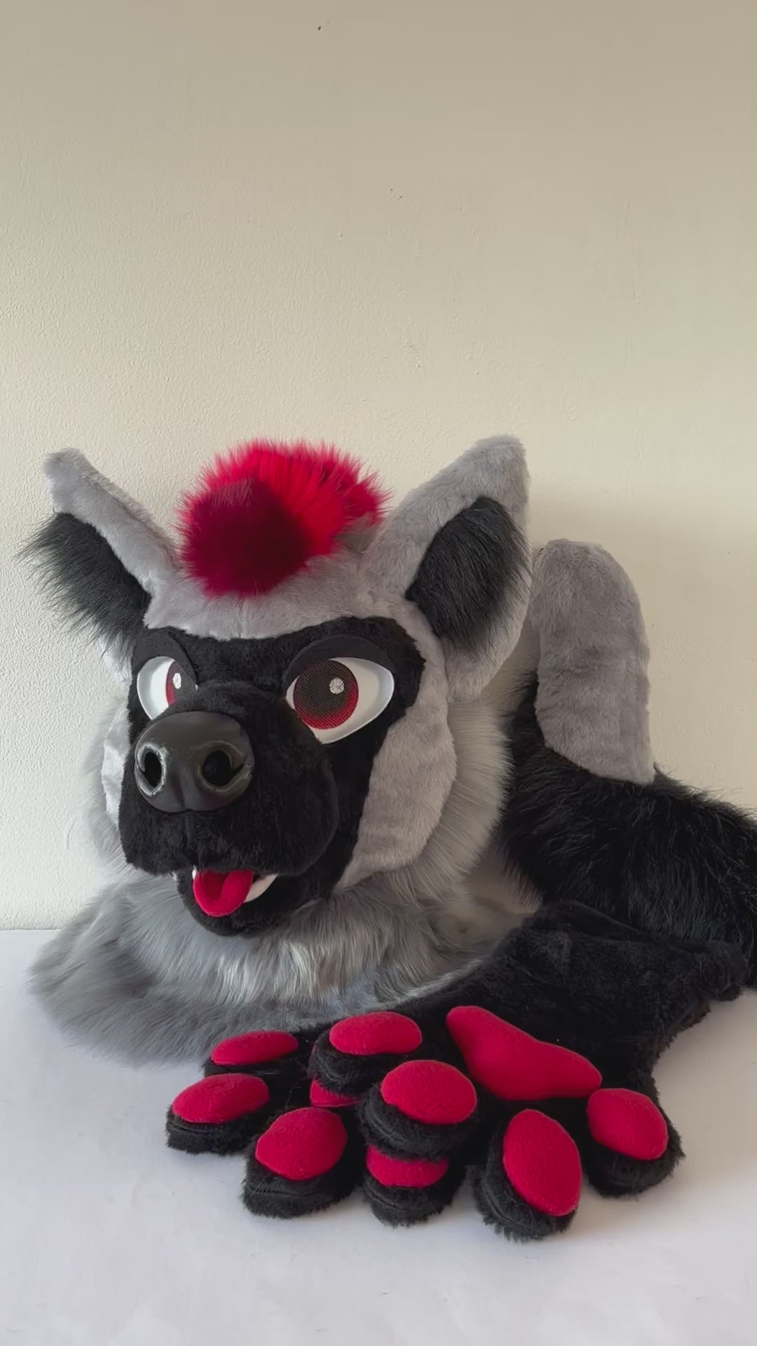 Striped hyena fursuit head, hand paws, tail for sale
