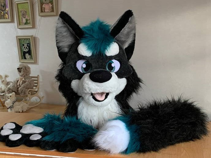 15%OFF OFFER Purple/Teal / Blue-gray wolf husky fursuit plus size - head, hand paws, tail for sale
