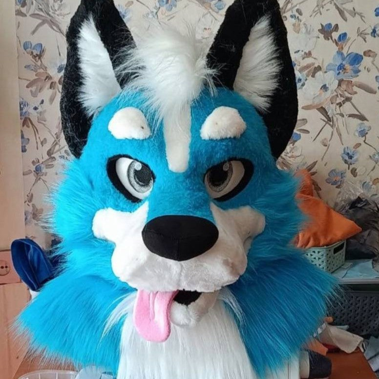 Blue husky fursuit head, hand paws, tail - size XL Premade UA