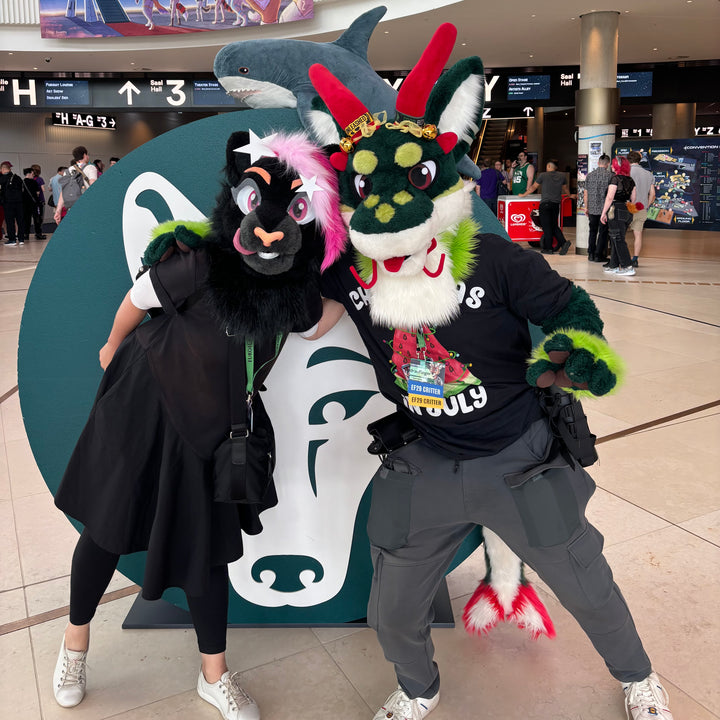Fursuit Designer Alex Noire with Draufleger at Eurofurence convention 2025 Hamburg Germany