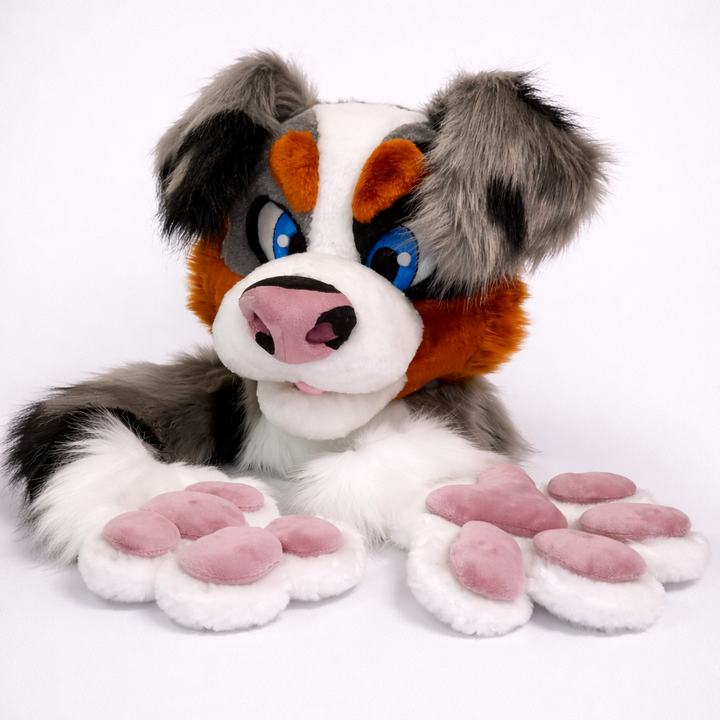 Grey Australian Shepherd Dog Fursuit Head, Hand Paws, Tail - Size M/L, PREMADE, US