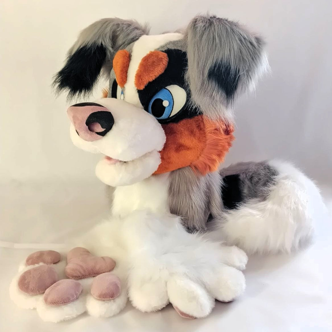 Grey Australian Shepherd Dog Fursuit Head, Hand Paws, Tail - Size M/L, PREMADE, US