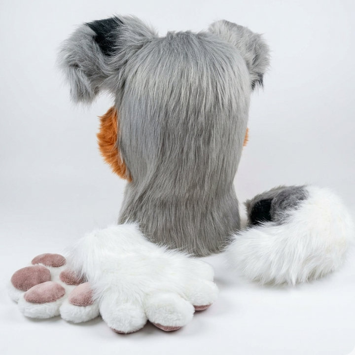 Grey Australian Shepherd Dog Fursuit Head, Hand Paws, Tail - Size M/L, PREMADE, US