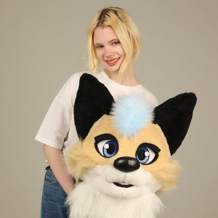 Unisex beige fox fursuit head and tail, size 4"9 (145cm)-5"9 (176cm)