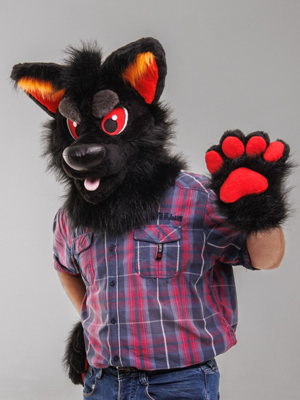 Black red wolf husky fursuit head, hand paws and tail for sale, wolf furry suit, premade fursuit