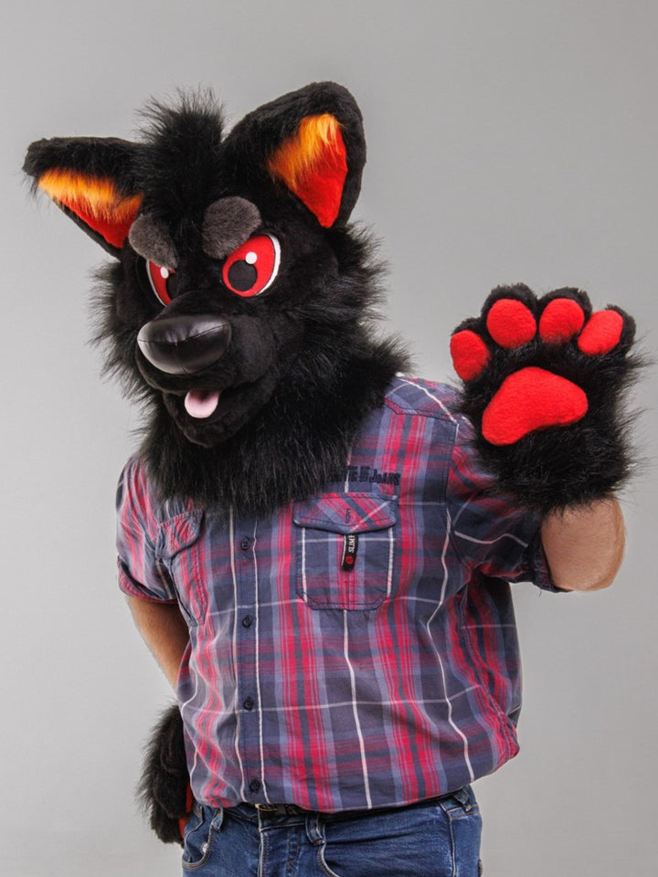 SPECIAL OFFER 15%OFF US ONLY Black red wolf husky fursuit head, hand paws and tail for sale, wolf furry suit, premade fursuit