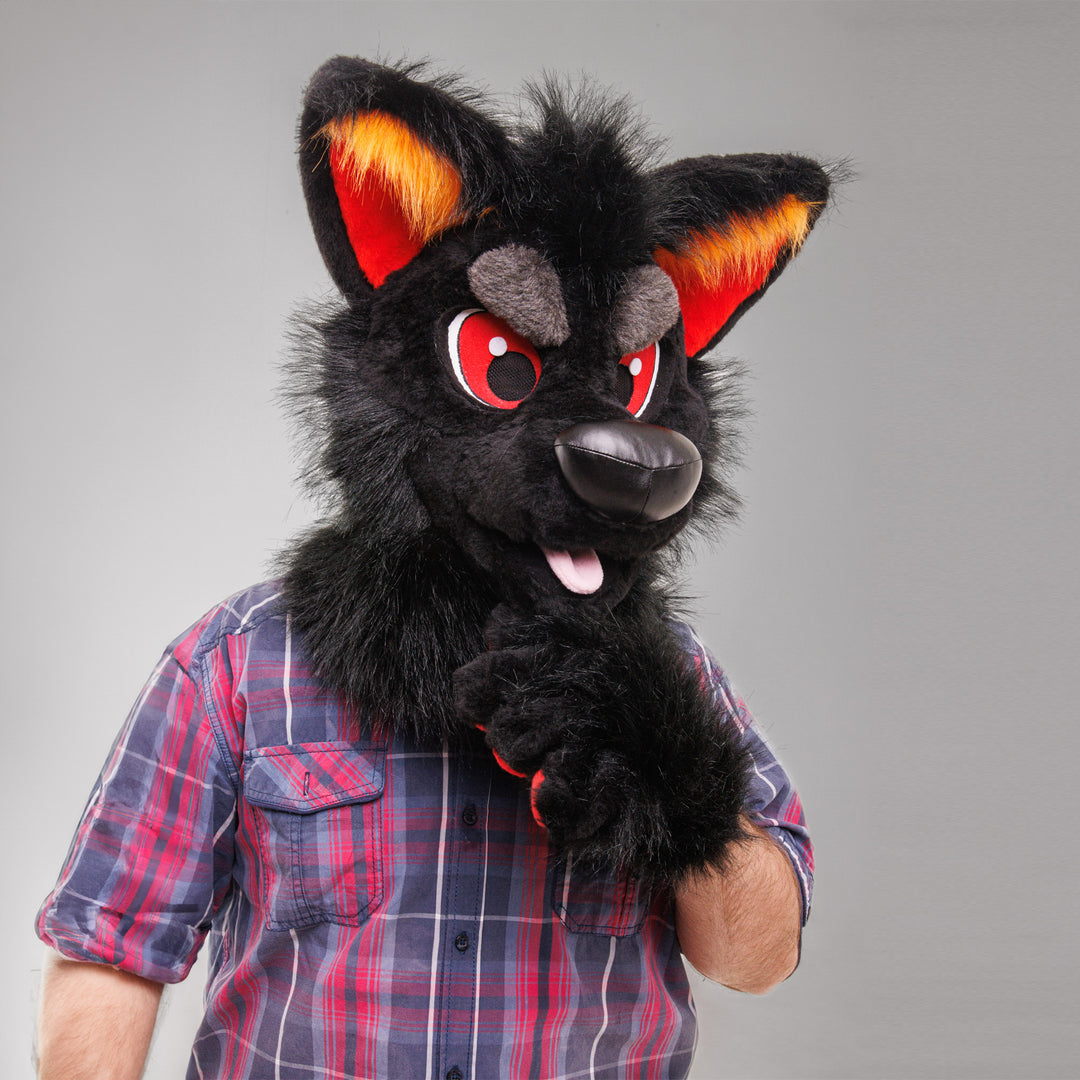 Black red wolf husky fursuit head, hand paws and tail for sale, wolf furry suit, premade fursuit