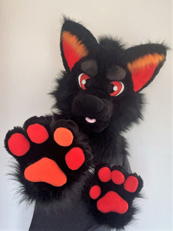 Black red wolf husky fursuit head and hand paws for sale, wolf furry suit, premade fursuit