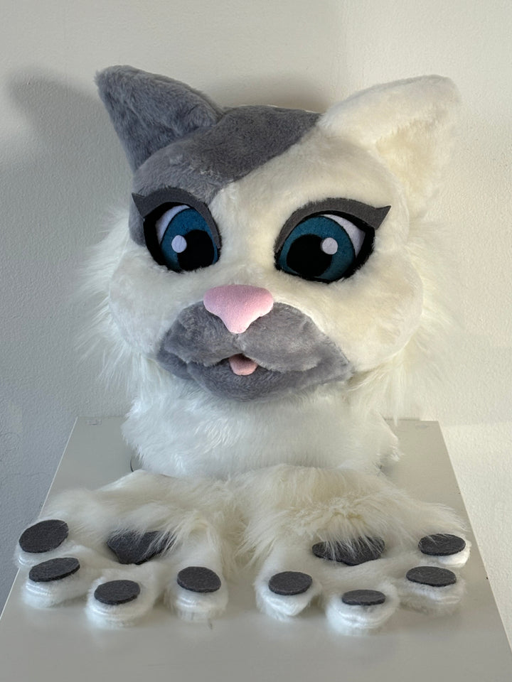 SALE 50% off.  White gray cat fursuit head and hand paws