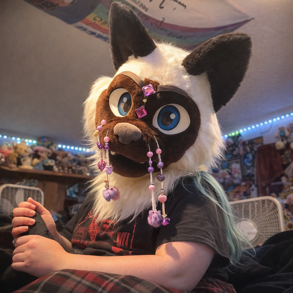 Furry Content Creator in her siamese fursuit head by Oneandonlycostumes