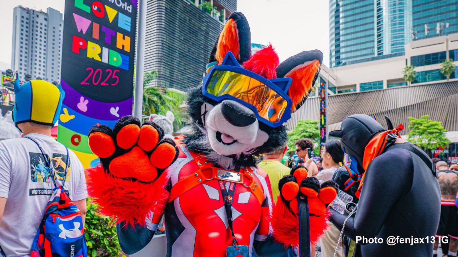 Furry Fenjax in black red wolf fursuit by Oneandonlycostumes