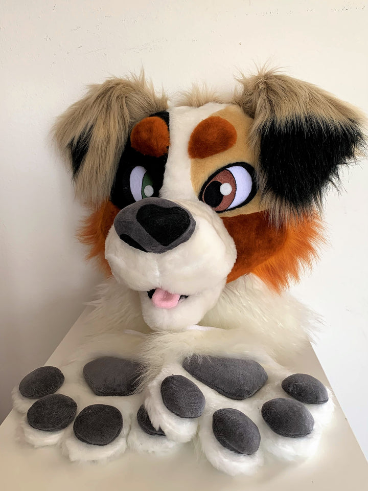 10% OFF Beige australian shepherd dog fursuit head and handpaws for sale, aussi dog fursuit