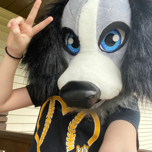 Girl in gray dog fursuit head with black floppy ears and blue eyes