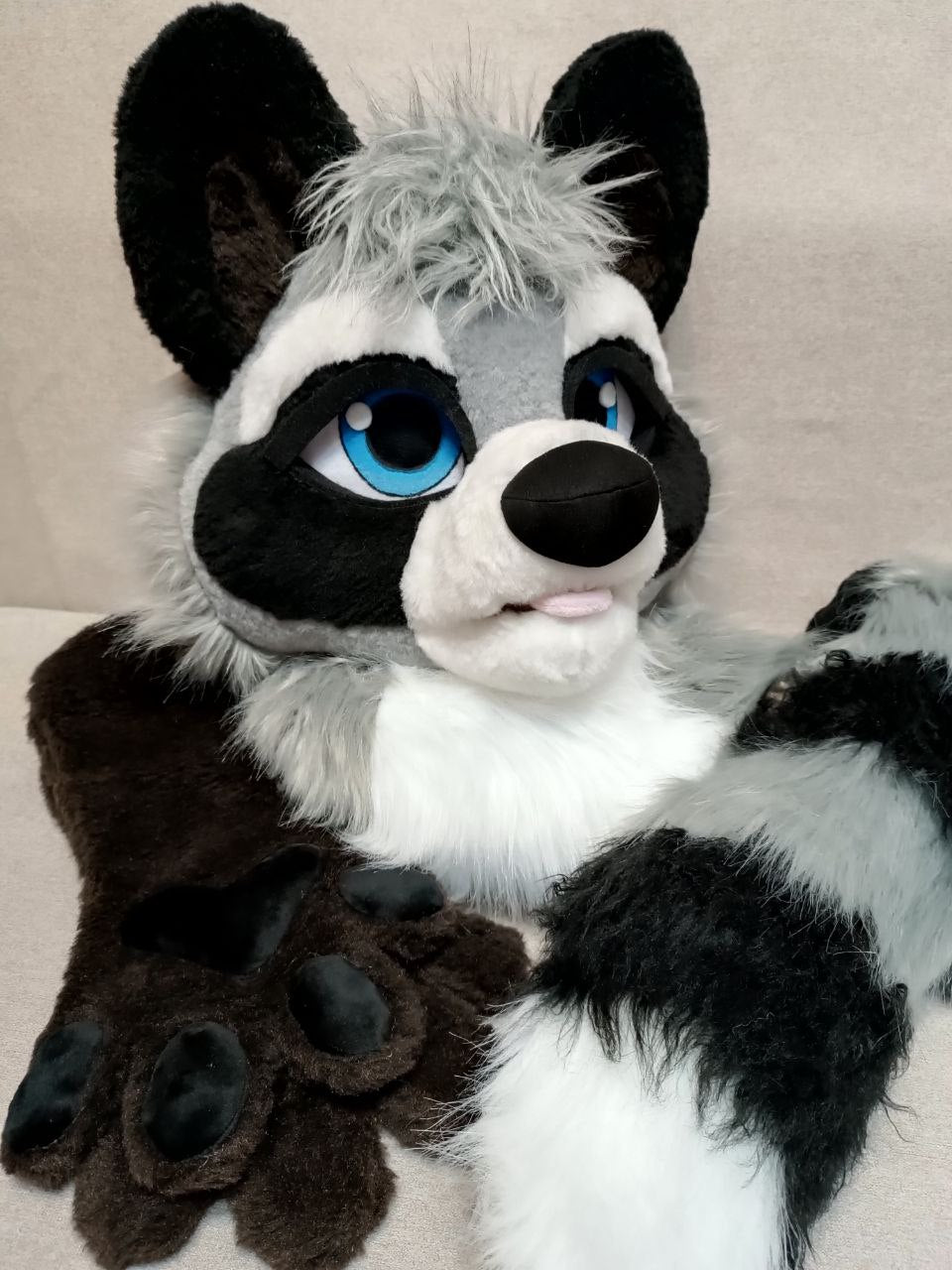 Grey raccoon fursuit head, hand paws and tail for sale