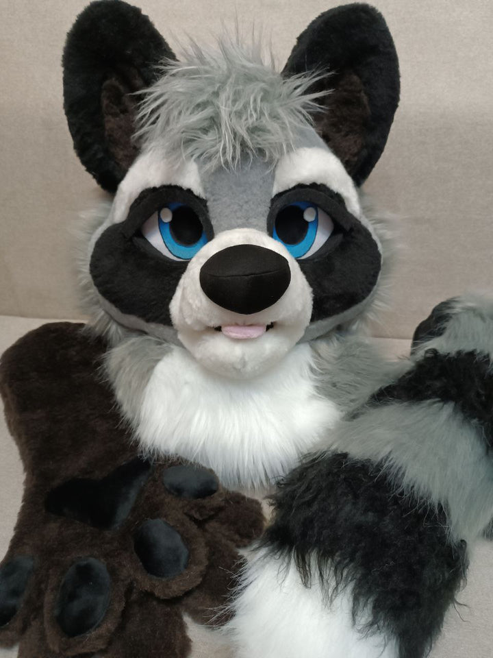 Grey raccoon fursuit head, hand paws and tail for sale