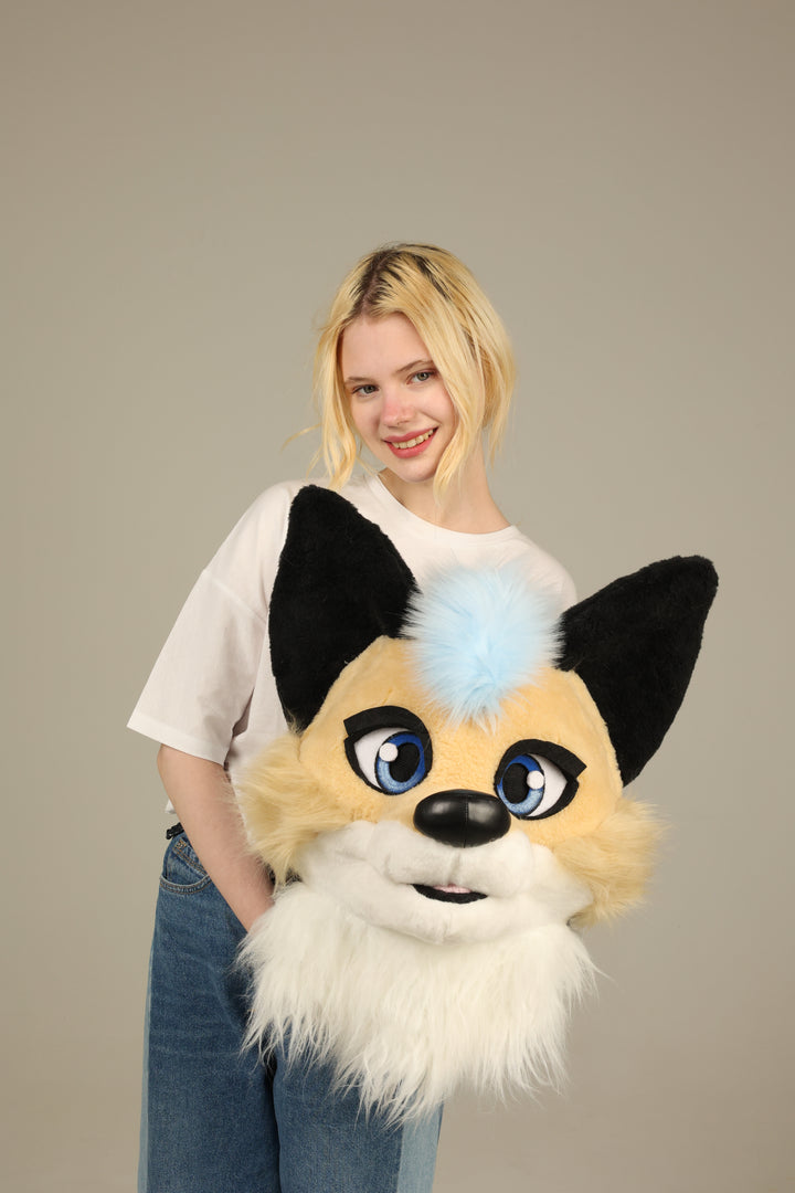 Unisex beige fox fursuit head and tail, size 4"9 (145cm)-5"9 (176cm)