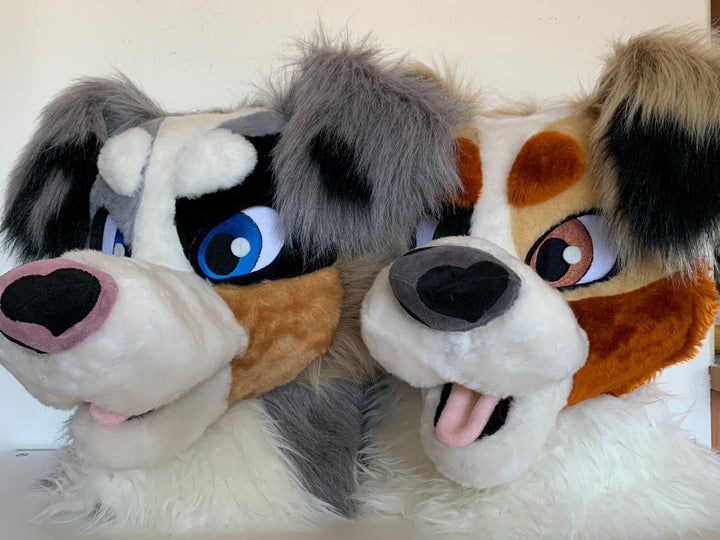 Beige australian shepherd dog fursuit head and handpaws for sale, aussi dog fursuit