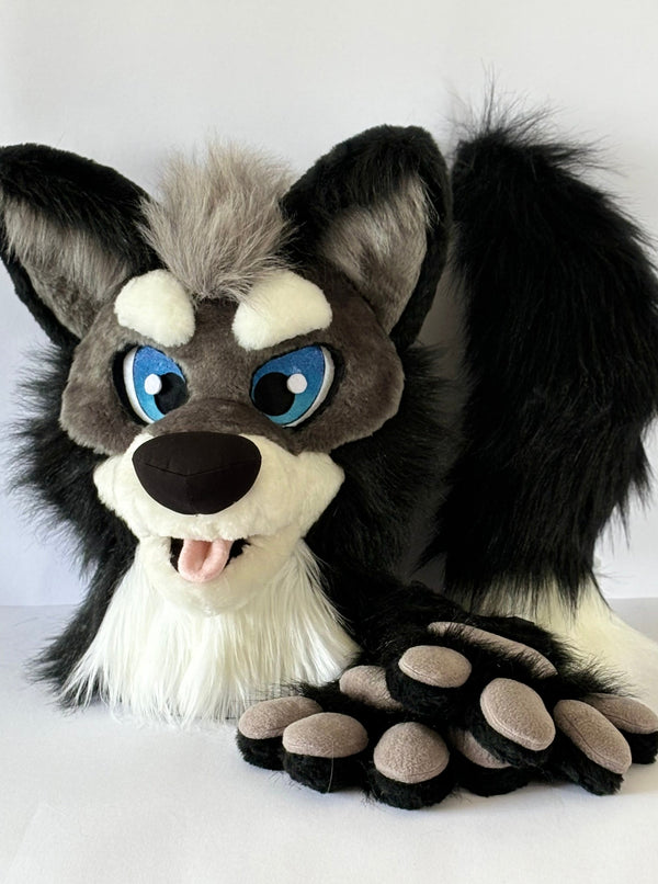 Gray husky wolf fursuit head and hand paws for sale, premade wolf fursuit