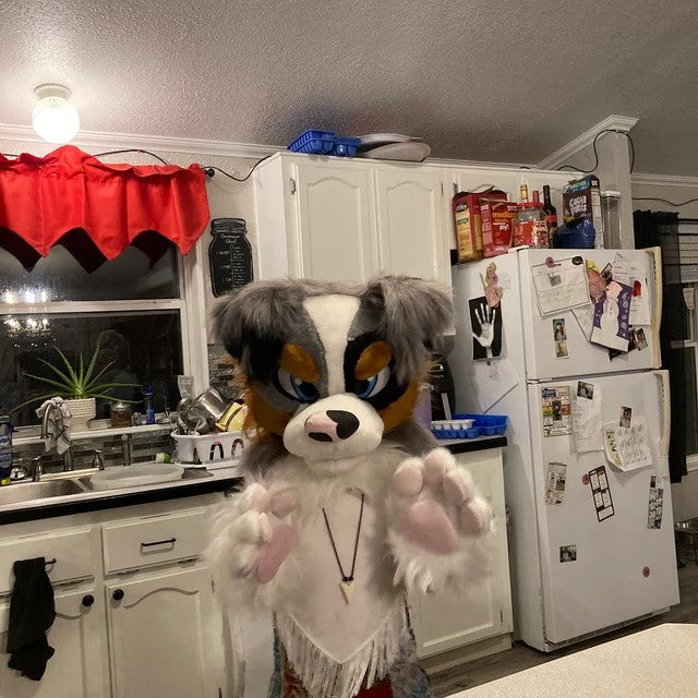 Girl wearing an Australian Shepherd fursuit posing in the kitchen