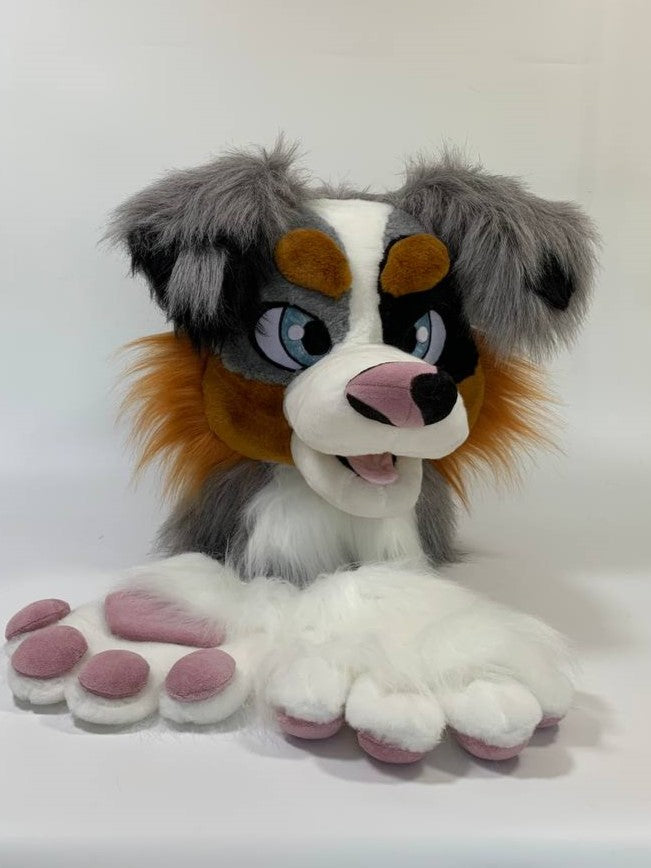 Grey australian shepherd dog fursuit head and hand paws for sale