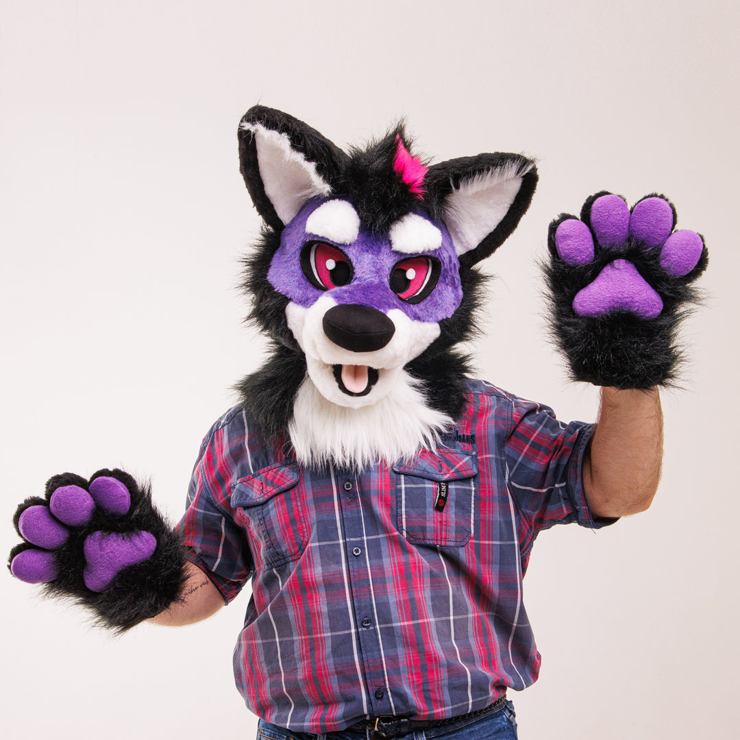 SPECIAL OFFER 20% OFF Premade purple wolf fursuit head, hand paws and tail, affordable premade wolf fursuit partial