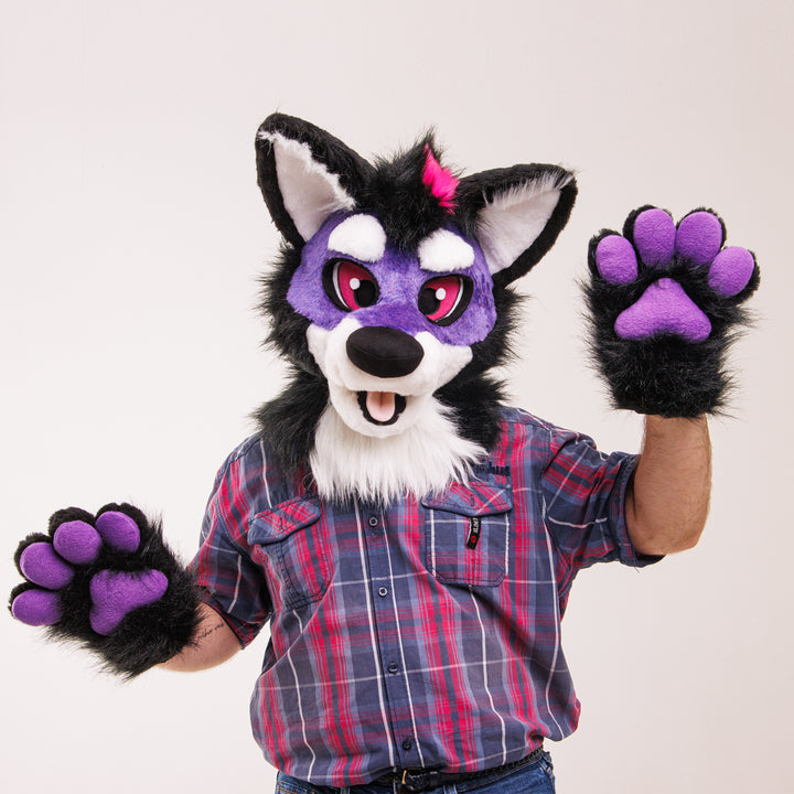 SPECIAL OFFER 10% OFF Premade purple wolf fursuit head, hand paws and tail, affordable premade wolf fursuit partial