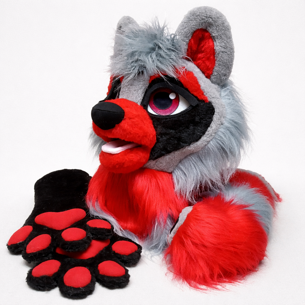 Red black raccoon fursuit head Oneandonlycostumes