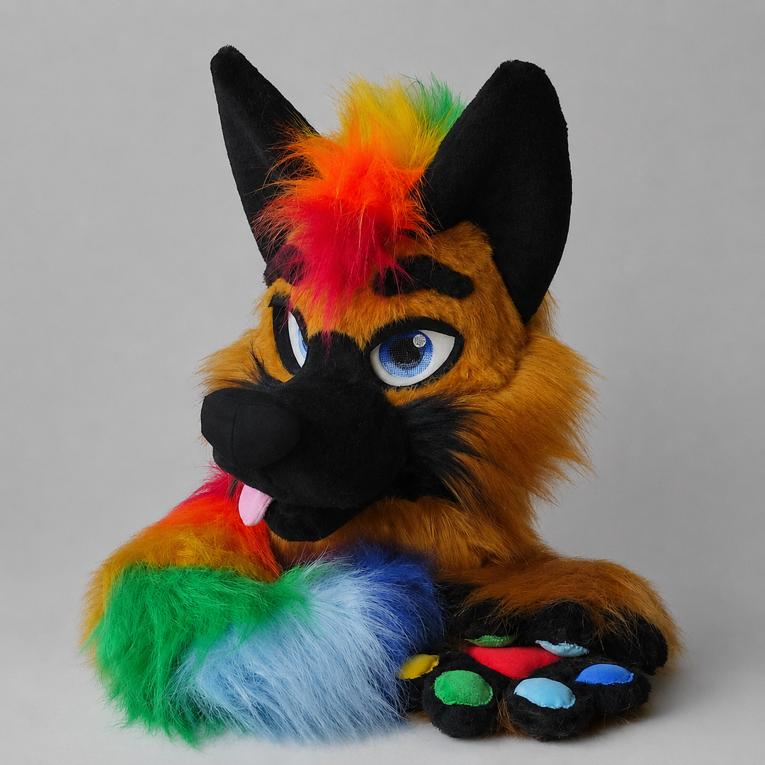 Ginger german shepherd fursuit head, hand paws, tail with rainbow tuft, rainbow tail, rainbow paw pads