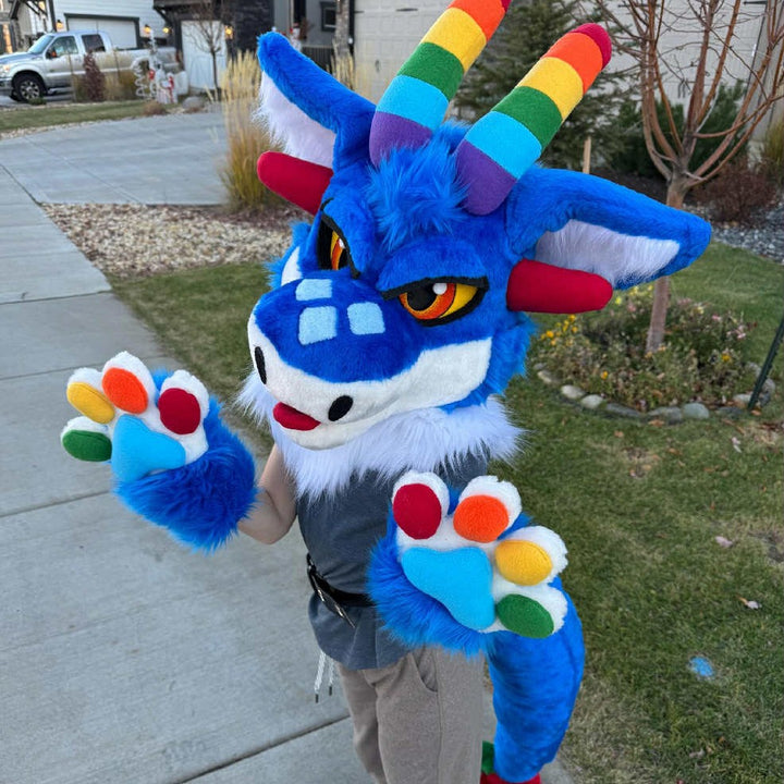 kid in rainbow dragon fursuit by one and only costumes
