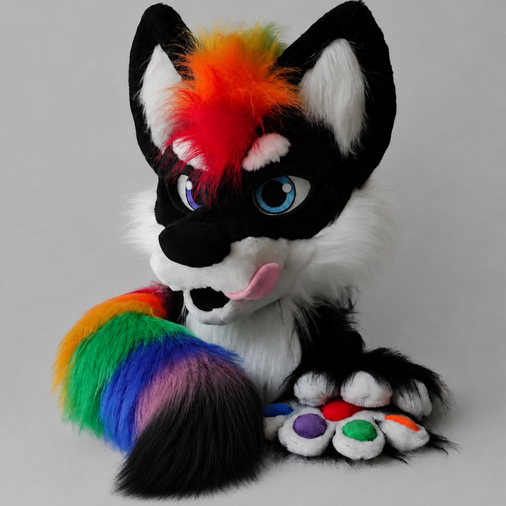 Black wolf fursuit with rainbow mohawk, rainbow paw pads, rainbow colors tail