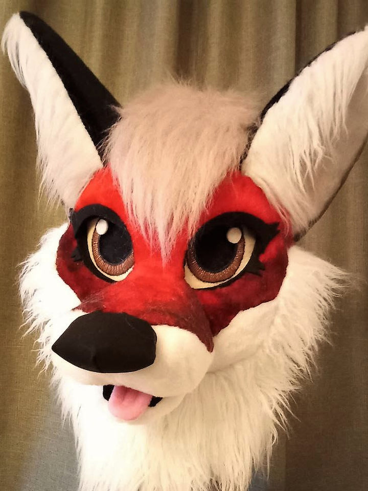 Red airbrushed fox fursuit head, hand paws and tail, made-to-order