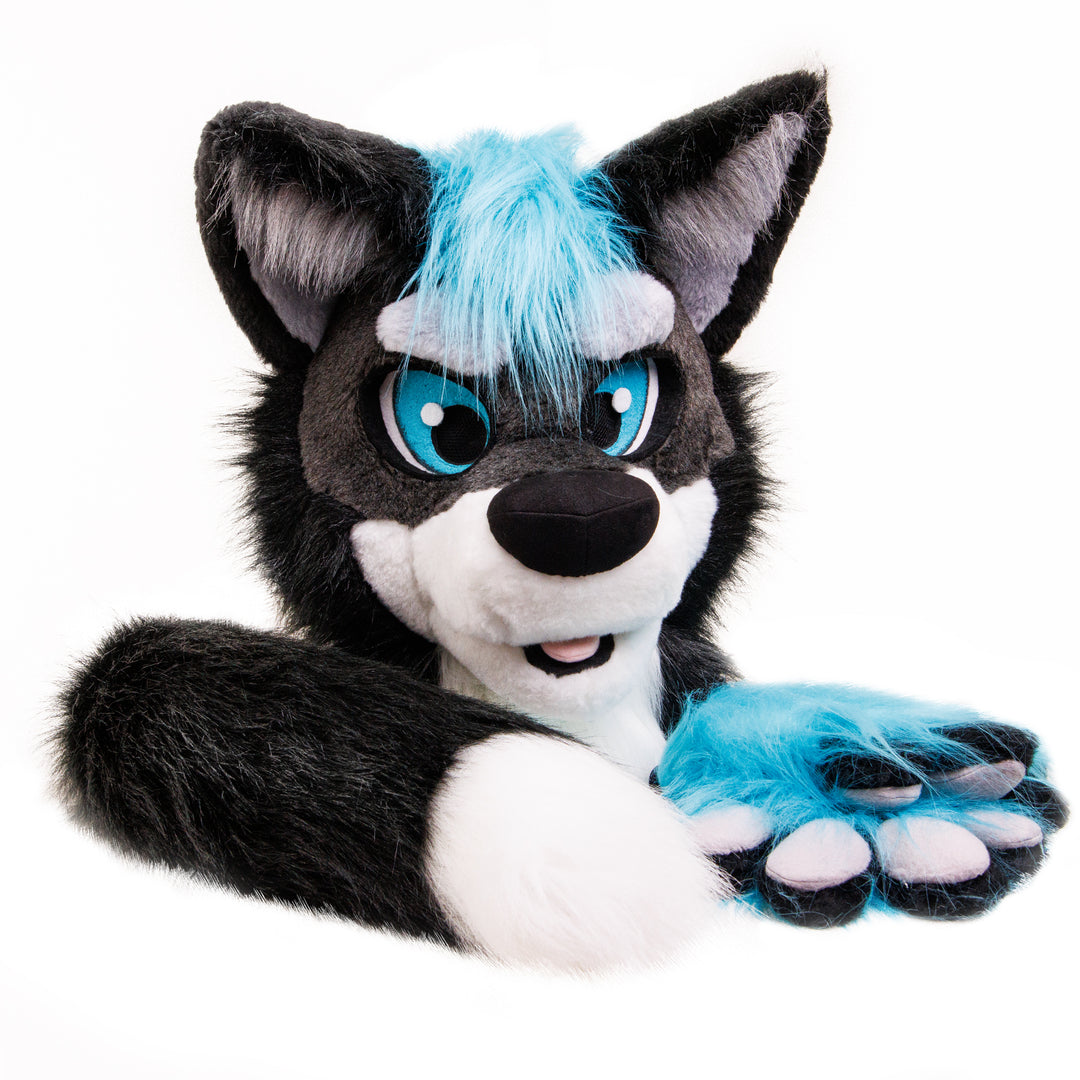 US only Black-turquoise wolf husky fursuit head, hand paws and tail, wolf furry suit, fur suit