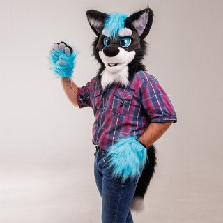 US only Black-turquoise wolf husky fursuit head, hand paws and tail, wolf furry suit, fur suit