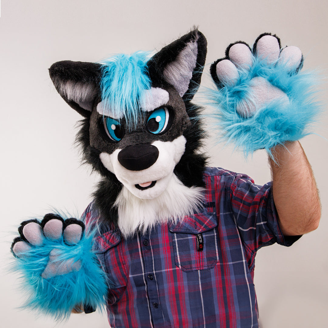 Black-turquoise wolf husky fursuit head, hand paws and tail, wolf furry suit, fur suit