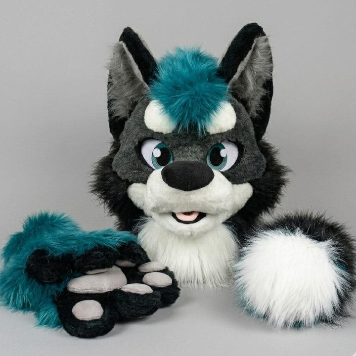 SALE 20%OFF Teal wolf husky fursuit head, hand paws, tail - XL size PREMADE UA