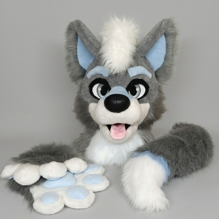 Gray wolf husky fursuit head, hand paws, tail - XL size PREMADE US