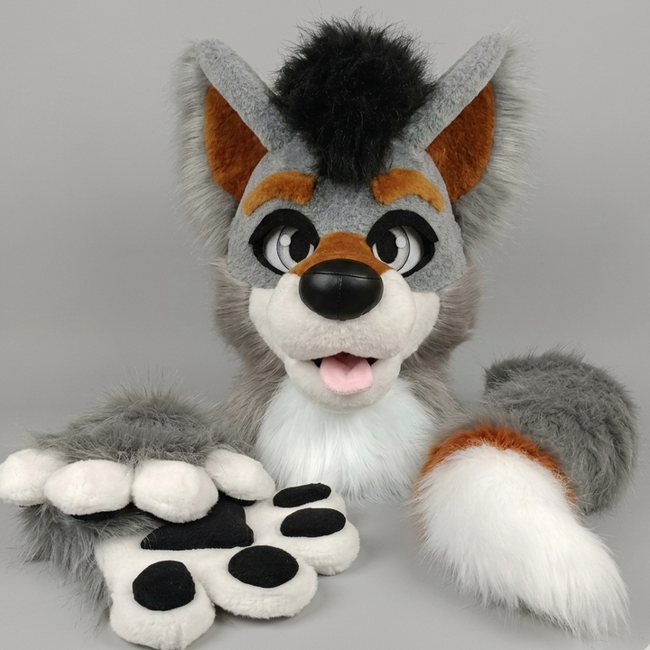 SALE 10%OFF Gray ginger wolf husky fursuit head, hand paws, tail - XL size PREMADE US