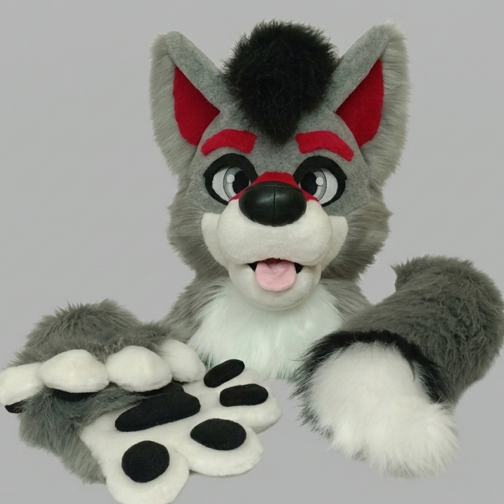 SALE 10%OFF Gray red wolf husky fursuit head, hand paws, tail - XL size PREMADE US