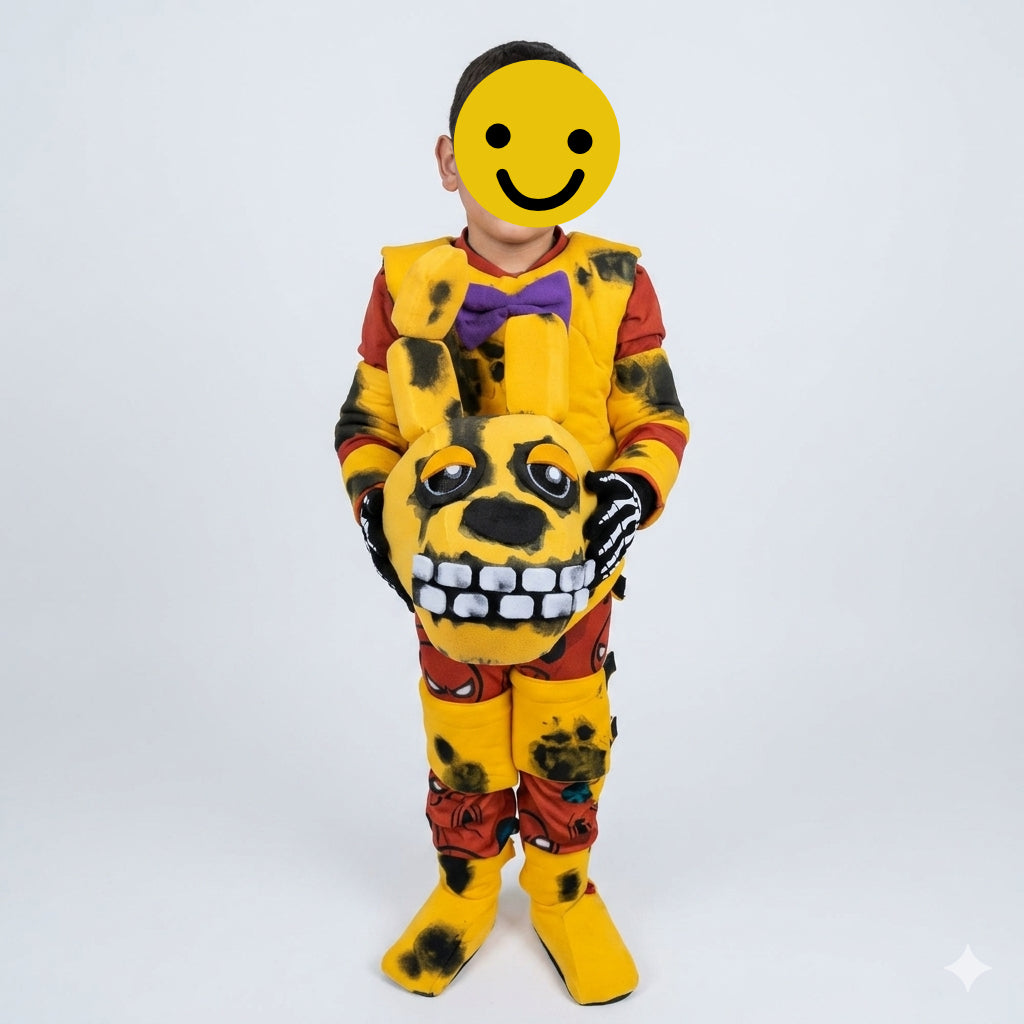 8 year old boy in yellow bunny FNAF Springtrap costume holding mask in hands