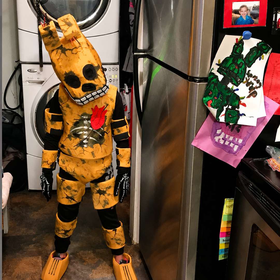 10 year old child paying in springtrap cosplay costume