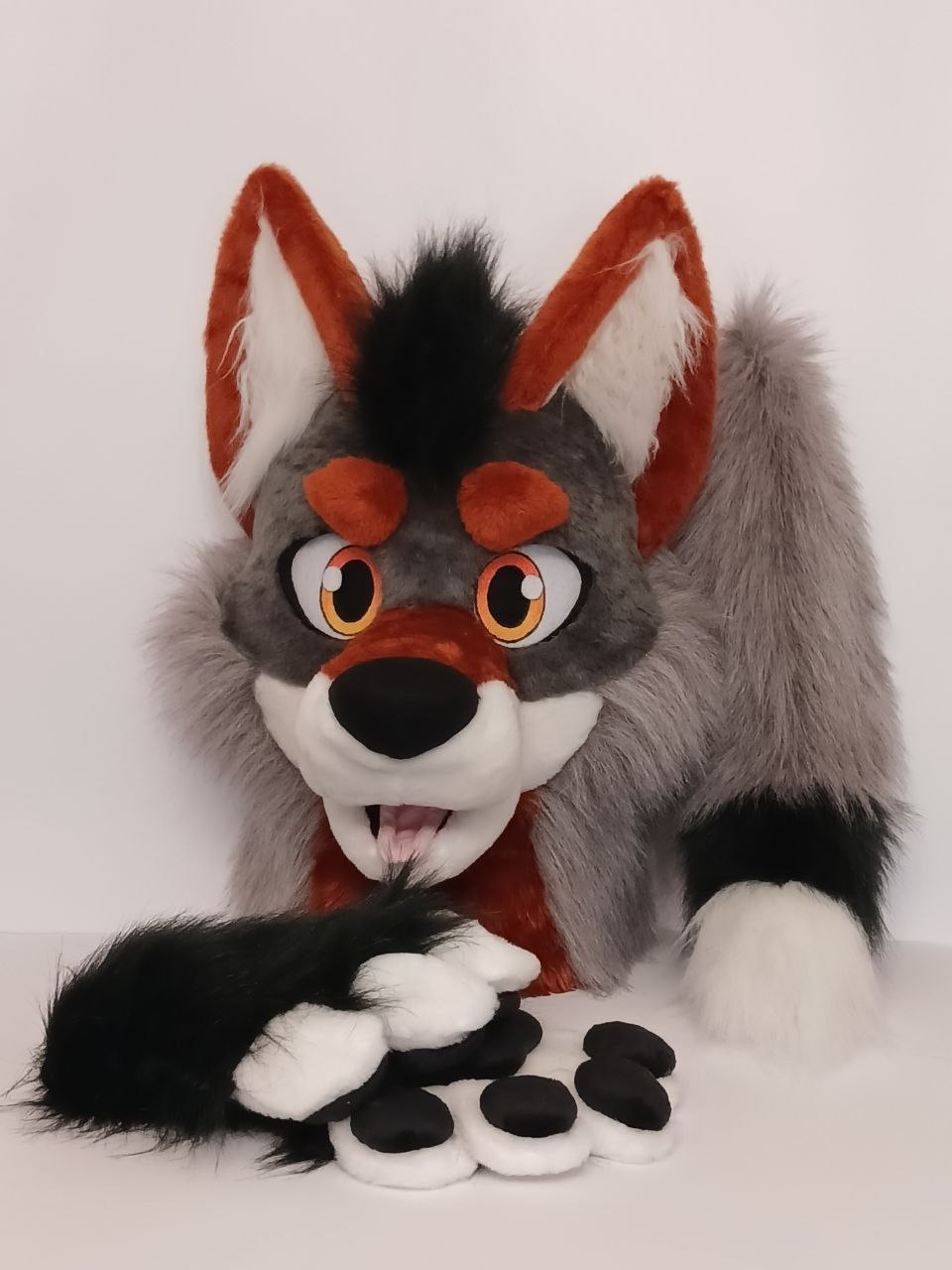 XL grey wolf husky fursuit head, hand paws, tail for sale