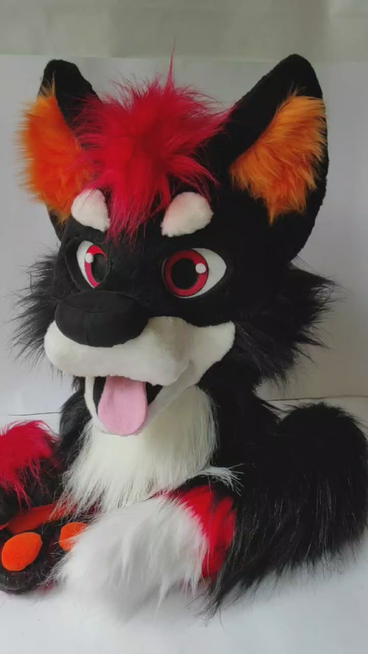 Black Red Wolf Husky Fursuit Head, Hand Paws, Tail - size XL PREMADE UA