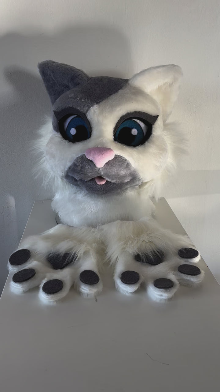 SALE 50% off.  White gray cat fursuit head and hand paws