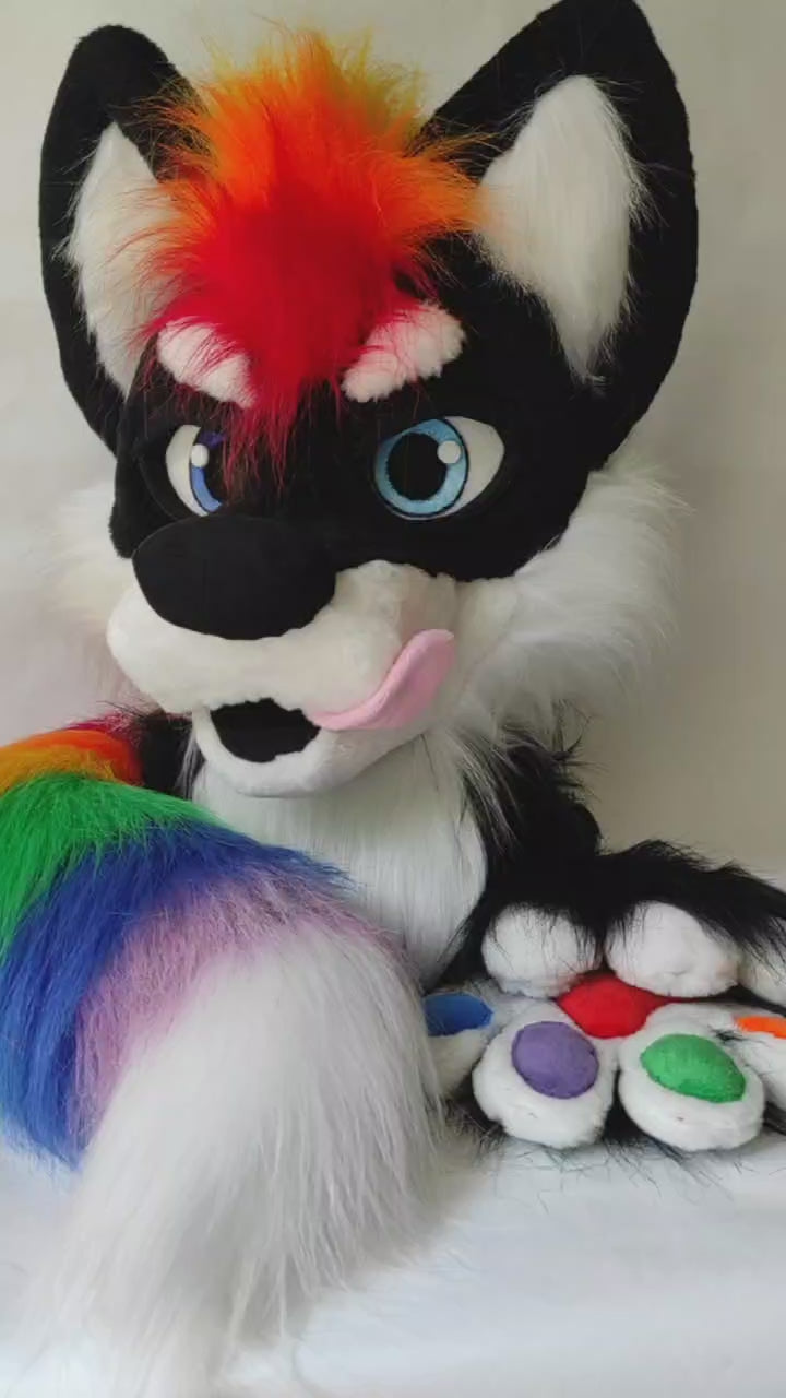 Rainbow wolf husky fursuit head, hand paws, tail - size XL Premade UA