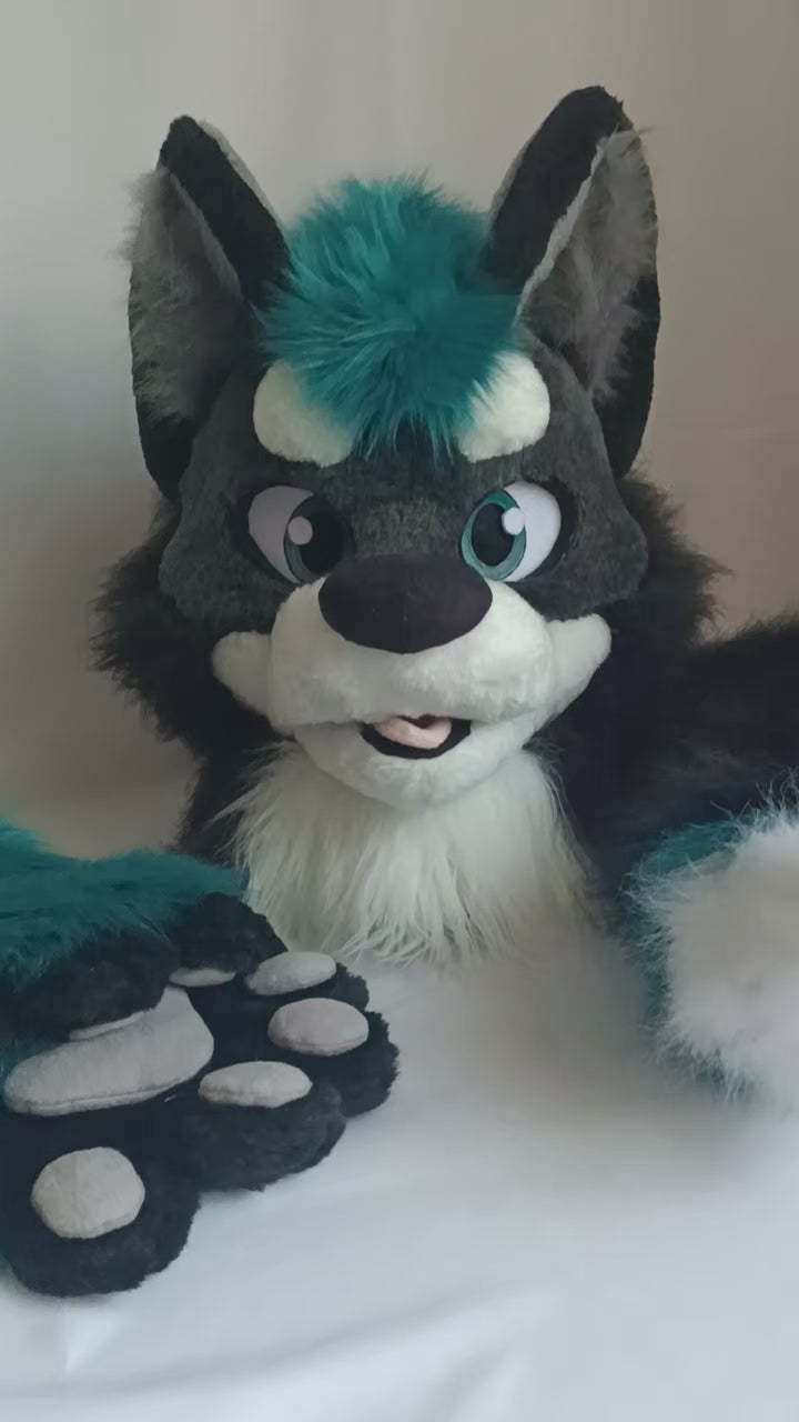 SALE 20%OFF Teal wolf husky fursuit head, hand paws, tail - XL size PREMADE UA