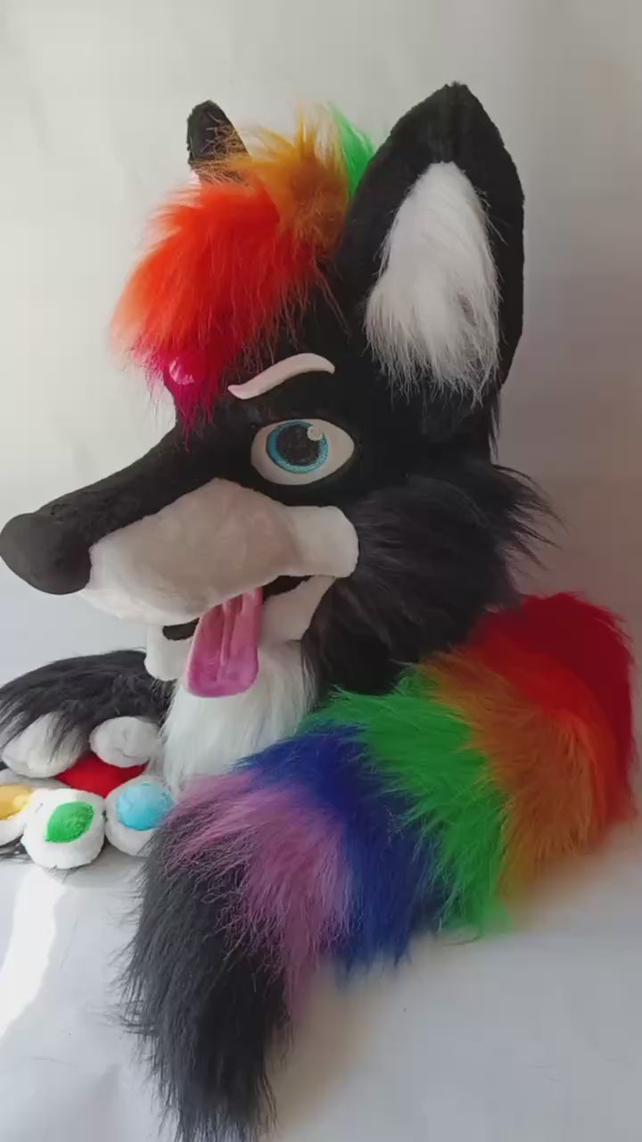 Premade Rainbow Wolf Fursuit Head, Hand Paws, Tail, Squeaky Nose - size XL Premade UA